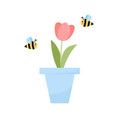 A tulip in a pot with bees flying around it. Tulip flower in flat style. Kids illustration.