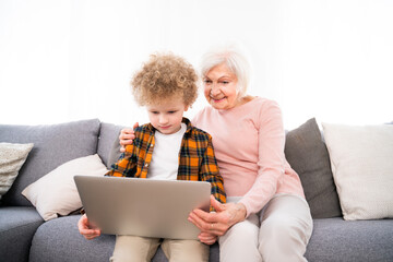 Grandparents and grandson playing at home, grandmother teaching to her grandchild something on a...