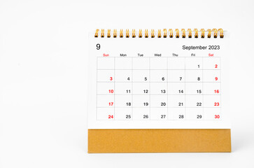 The September 2023 Monthly desk calendar for 2023 year isolated on white background.