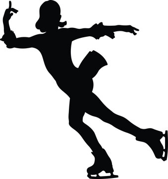 dancing woman skater in ice figure skating, rear view black silhouette on white background, vector illustration