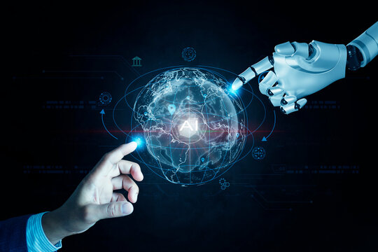 Technology  people concept man use AI to help work, Learning Artificial Intelligence, Business modern technology, human hand-touching global networks and data exchanges with AI