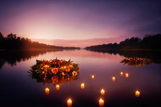 Lake and Flower Wreath. Digital Art.