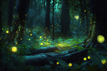 fireflies in a wild fairy tale mystical mysterious forest. Generated by AI