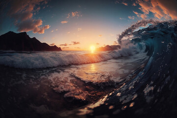ocean wave on sunset. natural background. generated by AI