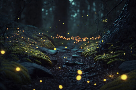 fireflies in a wild fairy tale mystical mysterious forest. Generated by AI