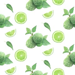 Watercolor bergamot fruit and slices seamless pattern, hand drawn in green colors