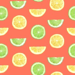 Seamless pattern of citrus slices, lemon, lime, bergamot, hand drawn in watercolor, on coral background