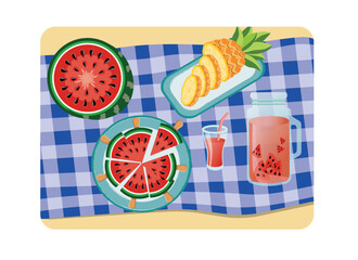 Summer picnic Fruits and drinks on blanket on sand. Weekend outdoor eating. Flat vector illustration.