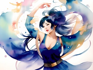 illustration watercolor asian woman dancing, generative art by A.I