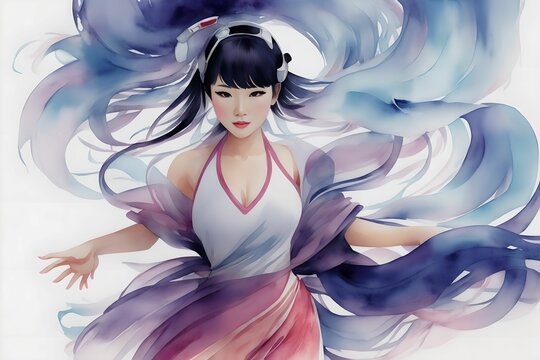 illustration watercolor asian woman traditional dancing, generative art by A.I
