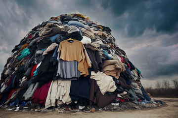 pile with textile fabric clothes for recycling. clothing industry pollution. reuse of garment, fast fashion concept, generative AI - obrazy, fototapety, plakaty