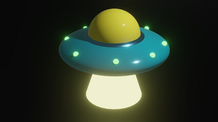 UFO with green lights, Cartoon UFO, Alien space ship, Isolated on black background.
