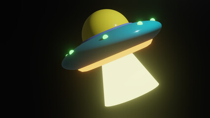 UFO with green lights, Cartoon UFO, Alien space ship, Isolated on black background.