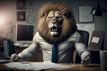 angry furious boss in office concept. lion in suit. generative AI - obrazy, fototapety, plakaty