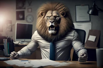 Fotobehang angry furious boss in office concept. lion in suit. generative AI © ronstik