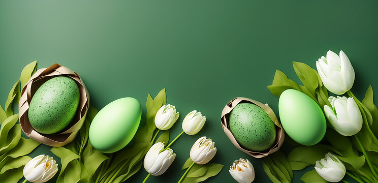easter decoration. eggs and white tulip flowers on green background. copy space. generative AI