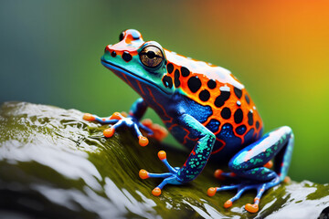 colorful poison dart frog on wet leaf. generative AI