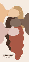 International Women's Day. March 8. Portraits of multicultural women. Vertical banner. Vector illustration, flat design