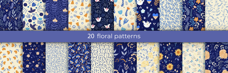 Set of vector abstract seamless simple floral patterns. Flower pattern. Spring pattern. Pattern for textiles or for cover. Wallpaper.
