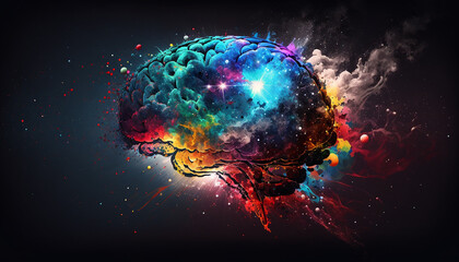 Obraz na płótnie Canvas Colorful brain floating inside a galaxy of stars. Created using generative AI.