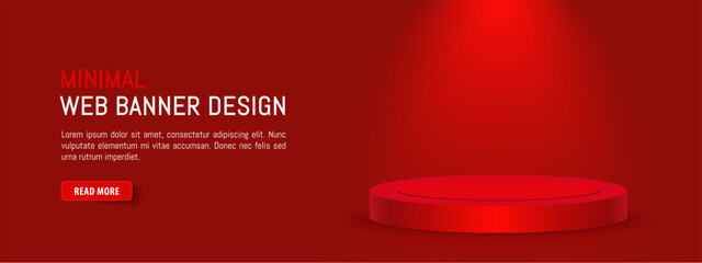 Horizontal banner with 3d realistic podium. Red stage with spotlight. Round vector pedestal. Website header with text and push button. Sale banner minimal design. Empty photo studio, red background. - 578371127