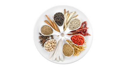 Noble herbs and spices on a spoon For cooking on white background. Asian food. Top view

