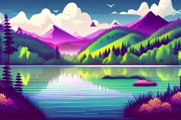 Nature Forest Landscape background illustration for happy earth day with lake scenery - generative ai