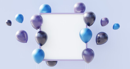Set of Blue and purple balloons with empty space for text. Realistic 3D rendered, mock up, background for birthday, anniversary, wedding, holiday congratulation banners and for social media