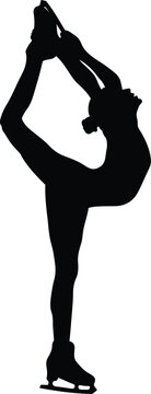 girl skater performs figure biellmann spin in figure skating, black silhouette on white background, vector illustration