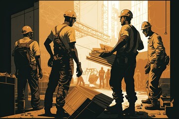 AI-generated illustration of a group of construction workers - obrazy, fototapety, plakaty