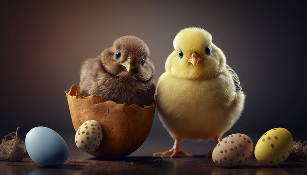 Lustiges braunes und gelbes K&uuml;ken mit Ostereiern (Generative AI)