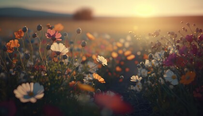 Fototapeta na wymiar Beautiful flower field in the sunrise, made with generated ai