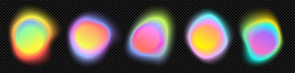 Color gradient circle backgrounds, abstract neon light shape with color gradation on vector black. Color blend mesh of holographic dynamic gradient flow or chromatic radiant transition