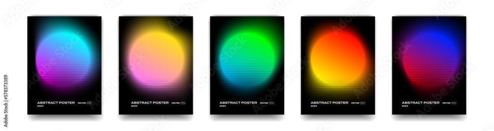 Poster color gradient background, neon gradation circles with halftone grain noise, vector posters. hologra