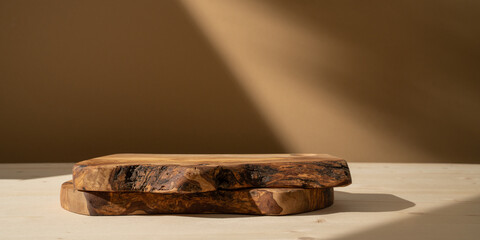 Background for products cosmetics, food or jewellery. Rustic wood pieces podium. Front view..