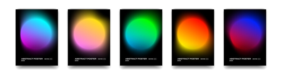 Color gradient background, neon gradation circles with halftone grain noise, vector posters. Holographic iridescent colors blend of chromatic fluorescent transition mesh - 578373389