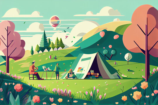 Illustration of a Family Camping on a Grassland Outdoors in Spring.
