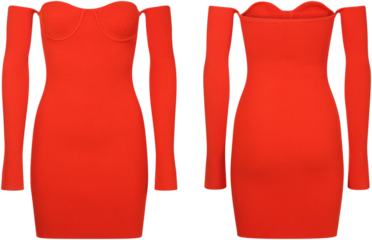 orange red dress with bare shoulders and long sleeves, front and back view, isolated on transparent or white background, png, mockup