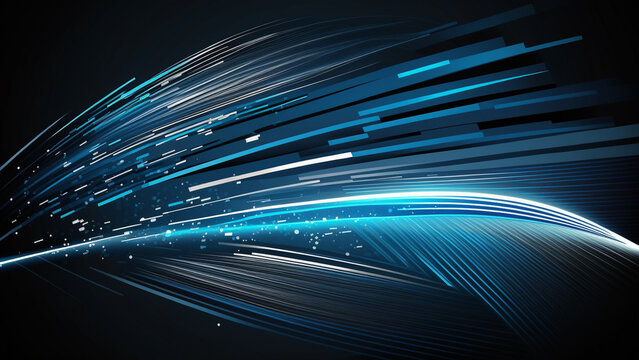 This vector image depicts science, the future, and energy technology. Digital photos of light rays, stripes, and lines with blue light, speed, and motion blur over a dark blue background.