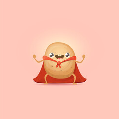 Cartoon potato clip art. vector funny cartoon cute super hero potato with red hero cape isolated on pink background. Superhero vegetable potato kawaii food funky character