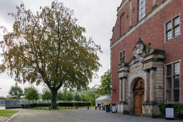 Fototapeta na wymiar Outdoor sunny exterior view around Church of Holmen, Holmens Kirke, in Copenhagen, Denmark. 