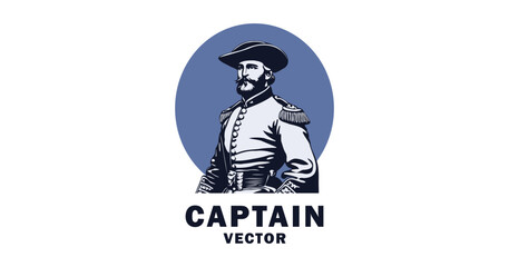 Vector illustration, monochrome captain in US Civil War uniform. Logo, icon or sticker. White isolated background. Soldier in vintage military clothes.