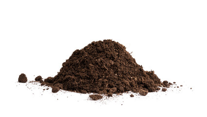 Mound of soil isolated on white background. Pile of light-weight and nutrient potting mix substrate...