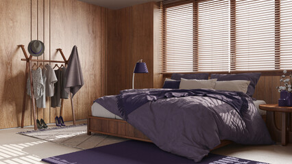Wooden cozy bedroom in purple and beige tones. Master bed with pillows and duvet, window with venetian blinds, carpets and decors. Minimal interior design