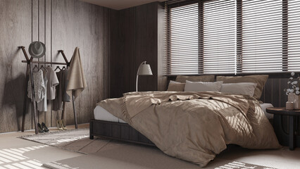 Dark wooden cozy bedroom in beige tones. Master bed with pillows and duvet, window with venetian blinds, carpets and decors. Minimal interior design