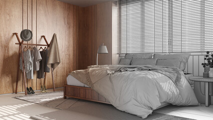 Architect interior designer concept: hand-drawn draft unfinished project that becomes real, wooden cozy bedroom. Master bed with pillows and duvet. Minimal style