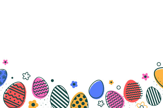 Colourful Easter eggs and flowers on transparent background. Modern design. PNG illustration
