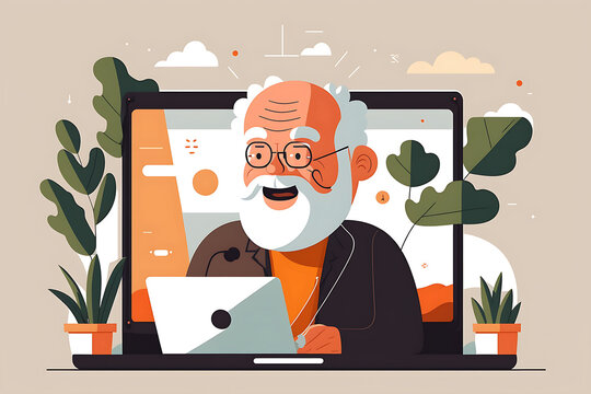 Flat Vector Illustration Smiling Happy Senior Businessman Looking At Laptop, Talking, Having Online Remote Video Call For Hybrid Meeting, Virtual Distance Learning Course Or Webinar Training Presentat