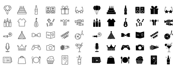 Birthday Icon set with stroke and fill. Birthday party icon set - New year celebration symbol. Party icon set balloon, music, karaoke, ribbons, dj, flowers, soft drink, shopping, greeting card icons