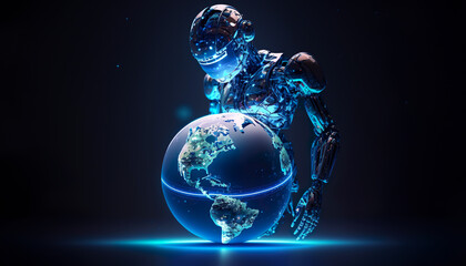 Robot ai artificial intelligence with earth,world technology security system and business industry concepts.machine learning.ai generated images